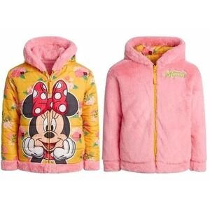 Disney Minnie Mouse Girls Puffer Faux Fur Hooded Reversible Pink Jacket Size 3T